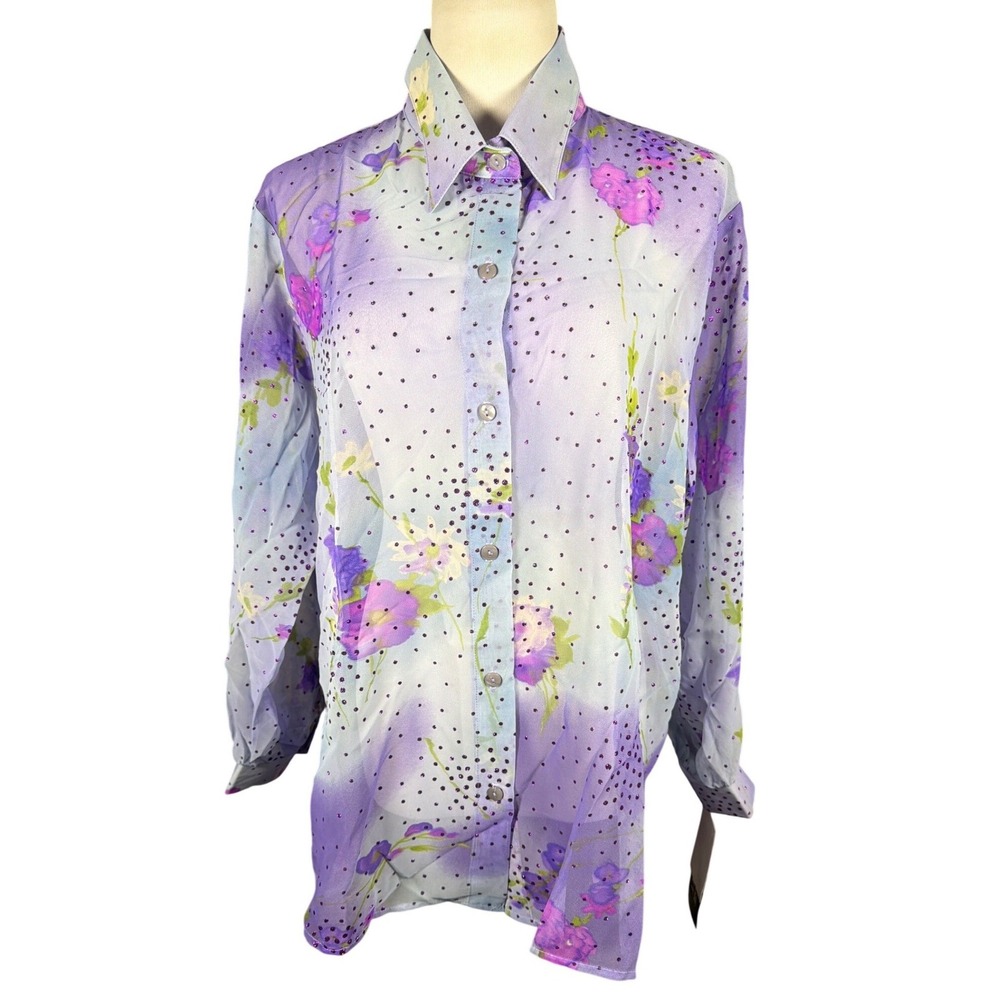Maggie Sweet Floral Polka Dot‎ Sheer Button Up Blouse Purple Blue Petite 1X NEW
